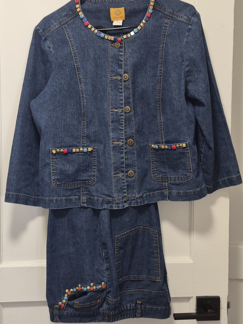 Ruby Rd. Blue Denim Jacket and Skirt Set with Multicolor Bead Trim